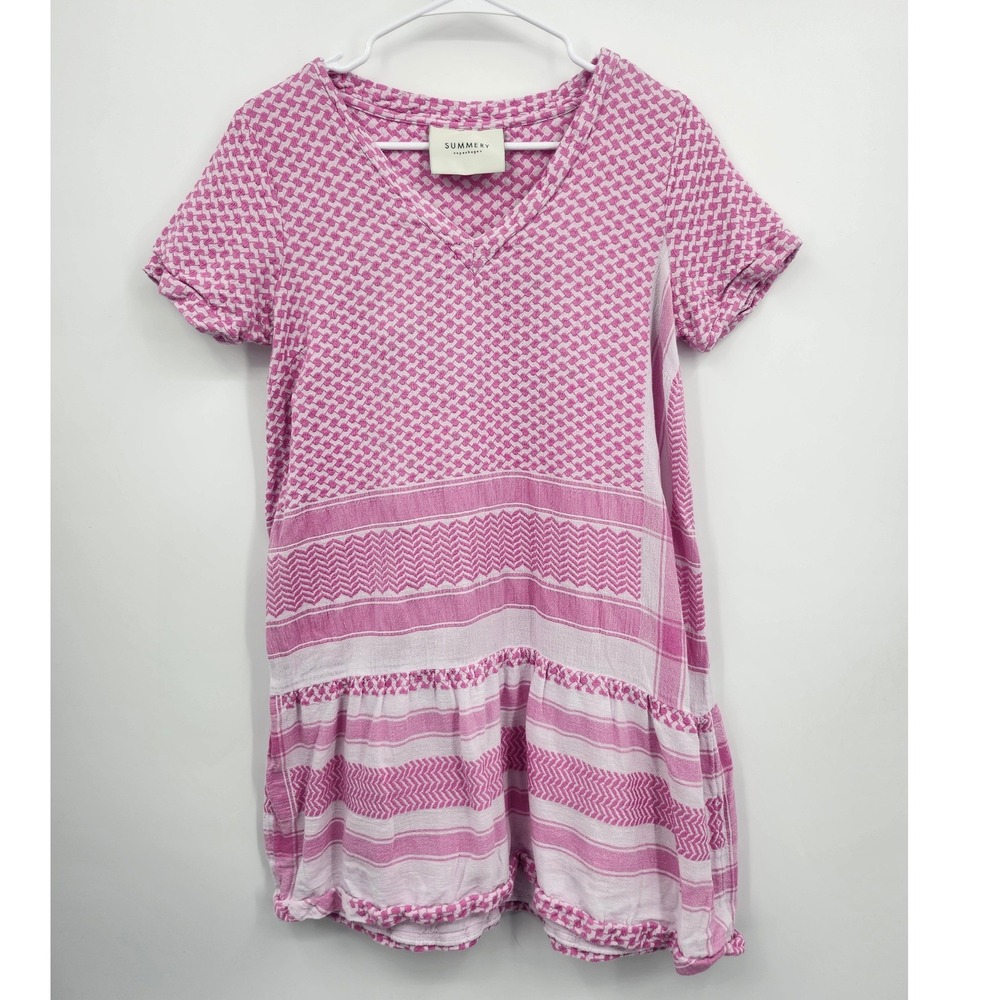 Summery Copenhagen Dress Womens Pink White Houndstooth Ruffle Cotton V-Neck